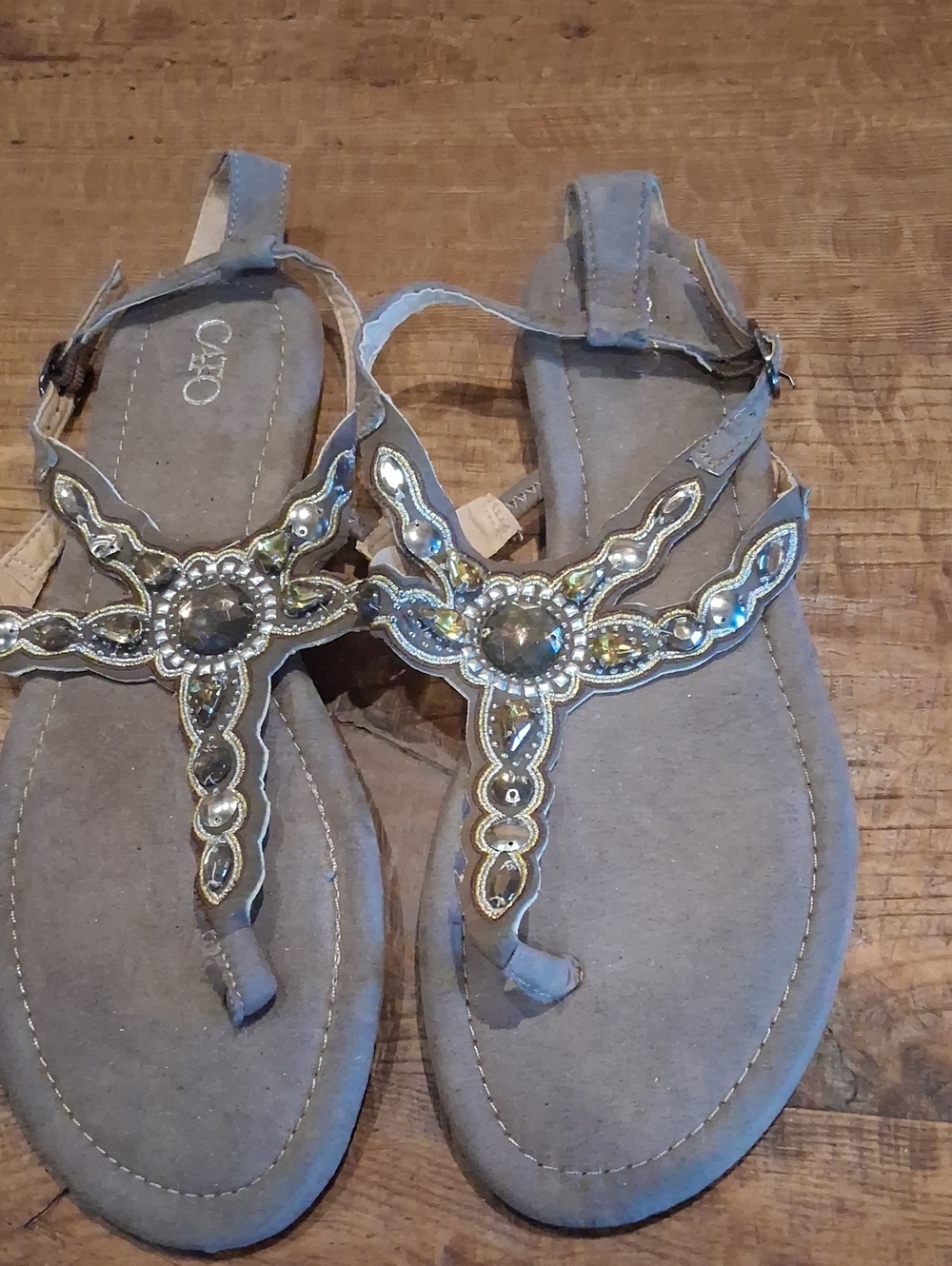Cato Grey Jeweled T-Strap Sandals Size 10